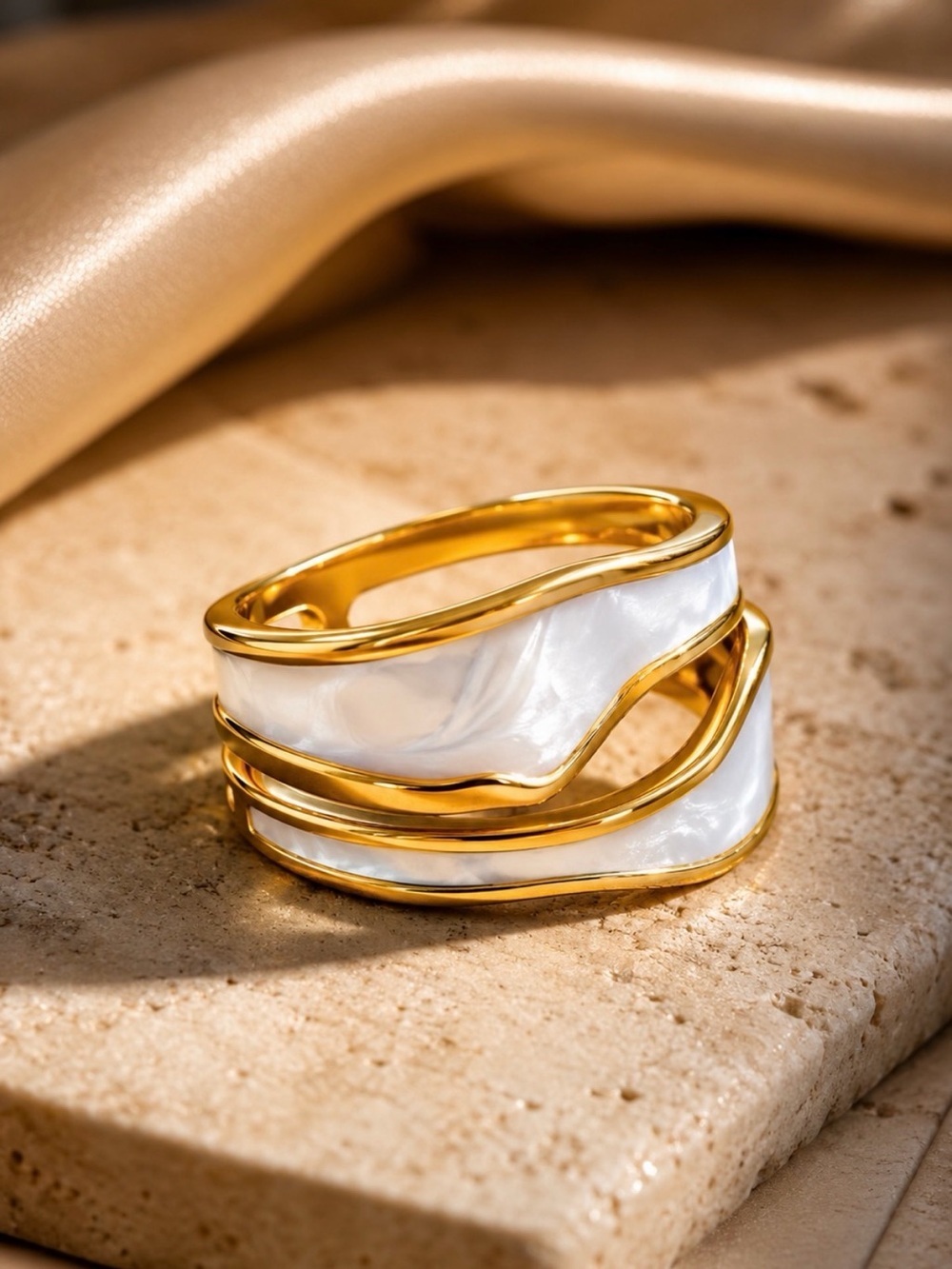 Gold-tone Ring with White Marbled Inlay - Picture 3 of 7